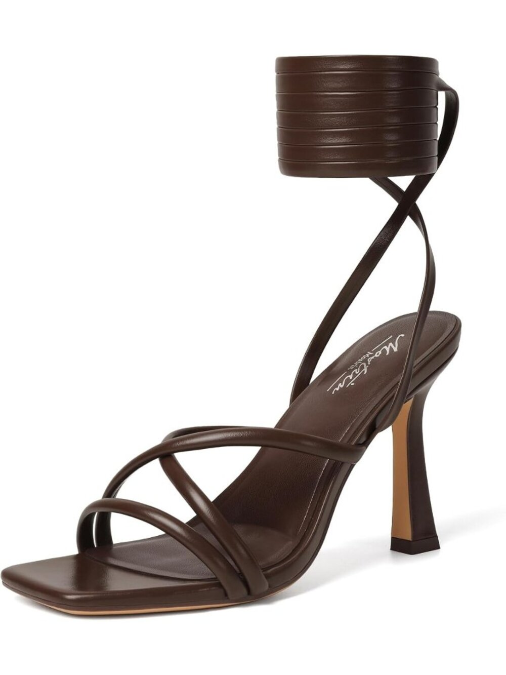 Women's Brown Strappy Heels Lace Up Square Open Toe Heels Tie Up High Heels